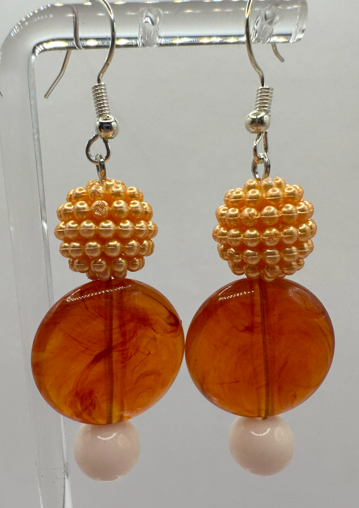 1009 - Orange Long Dangling Earrings with Wide Flat Bead