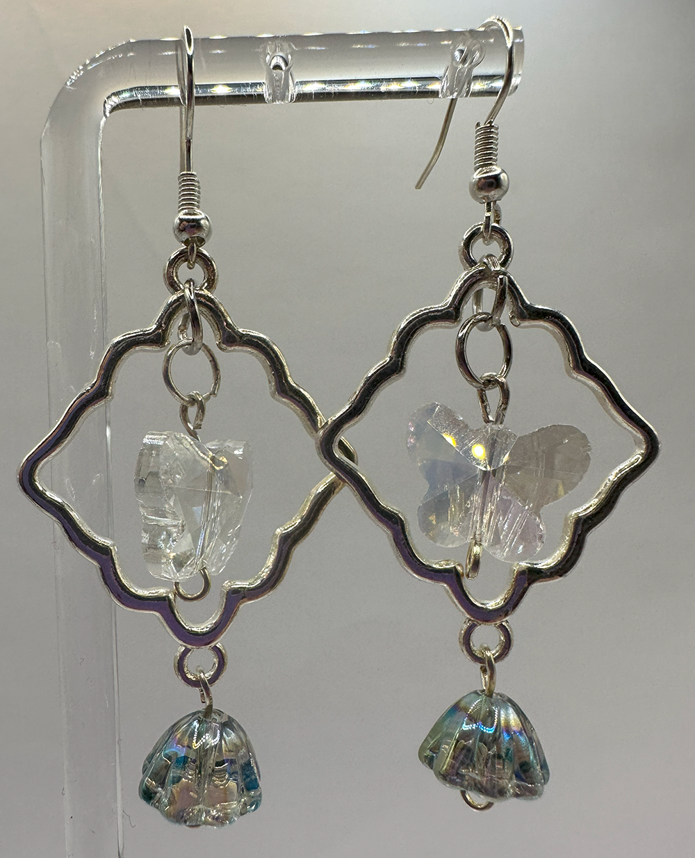 1012 - Blue Dangling Chandelier Earrings with Butterfly Bead
