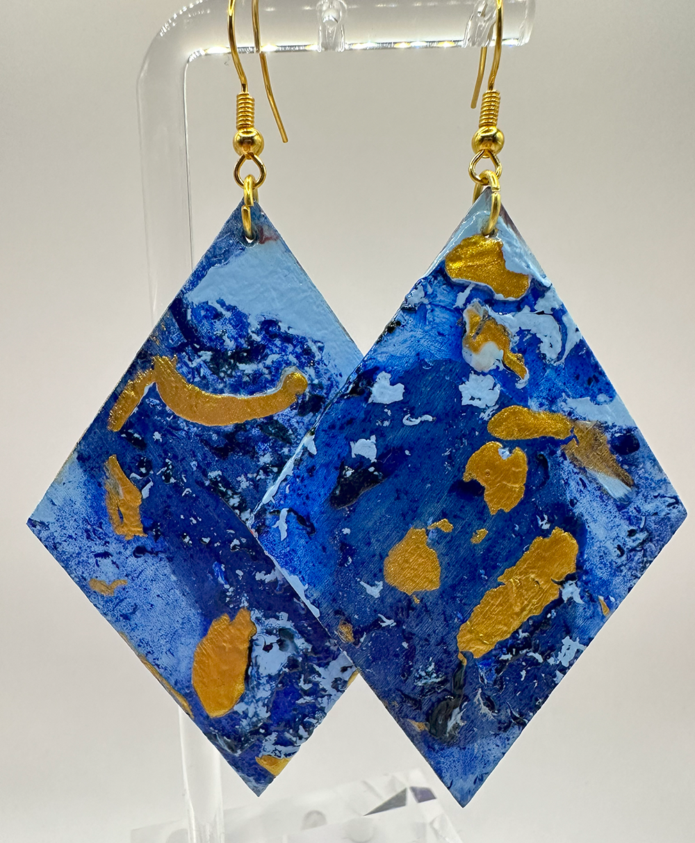 1013 - Blue Acrylic Pour Painting Dangling Earrings with Gold Details