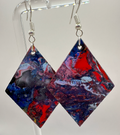 1014 - Blue Acrylic Pour Painting Dangling Earrings with Red Details