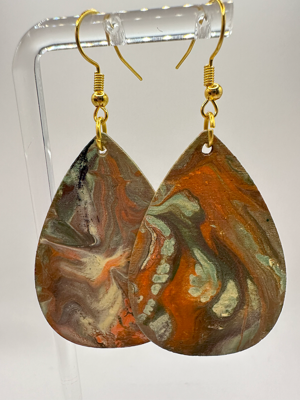 1016 - Green Acrylic Pour Painting Dangling Earrings with Bronze Highlights