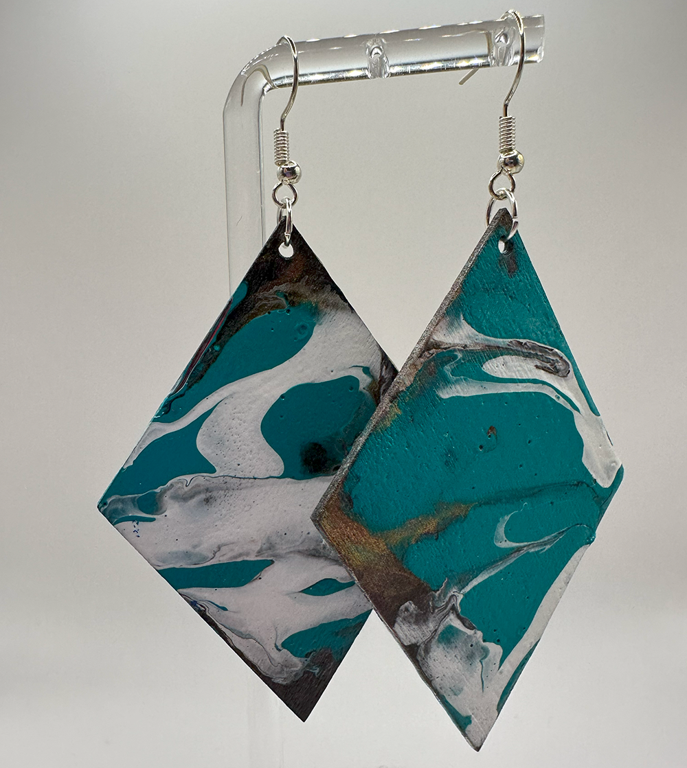 1017 - Blue Acrylic Pour Painting Dangling Earrings with White Highlights