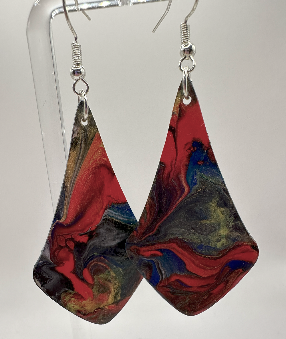 1018 - Purple Acrylic Pour Painting Dangling Earrings with Red Highlights