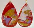 1020 - Red Acrylic Paint Pour Dangling Earrings with White and Gold Highlights