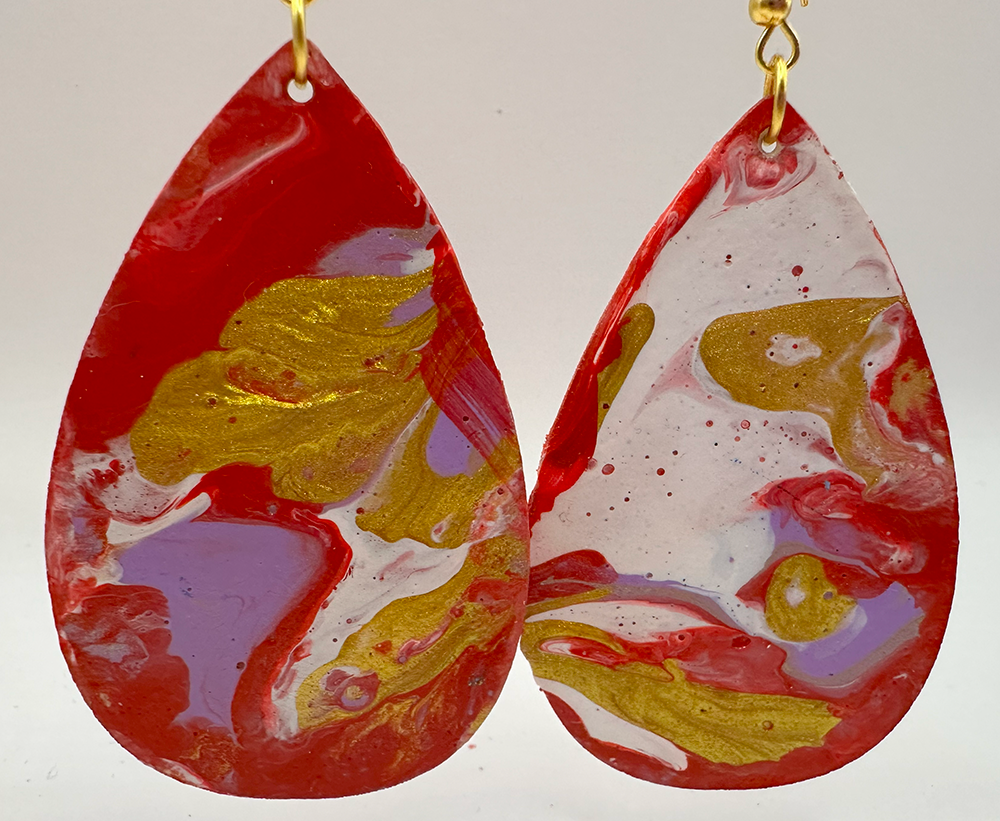 1020 - Red Acrylic Paint Pour Dangling Earrings with White and Gold Highlights