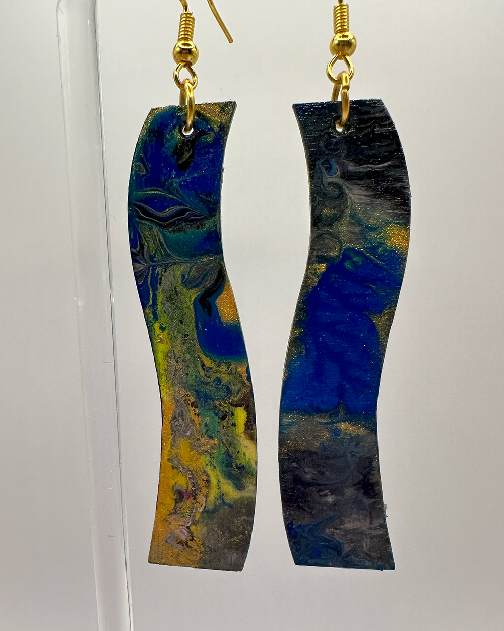 1021 - Blue Acrylic Pour Paining Danging Earrings with Gold Highlights
