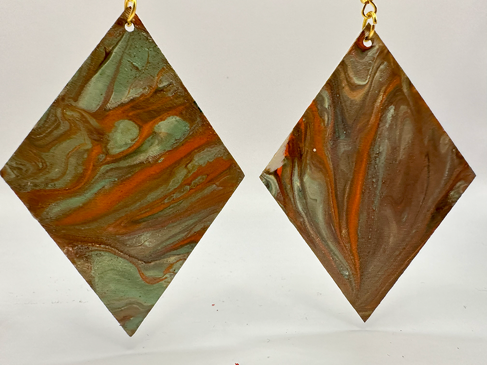 1022 - Green Acrylic Pour Painting Dangling Earrings with Orange Highlights