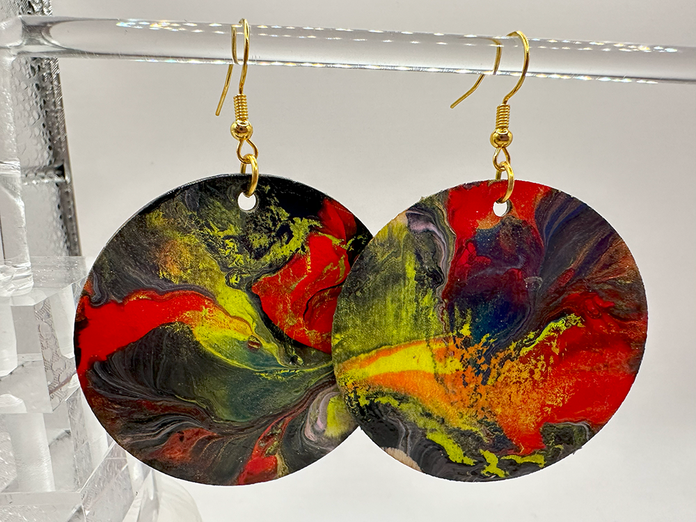 1026 - Blue Acrylic Pour Painting Dangling Earrings with Red and Green Highlights