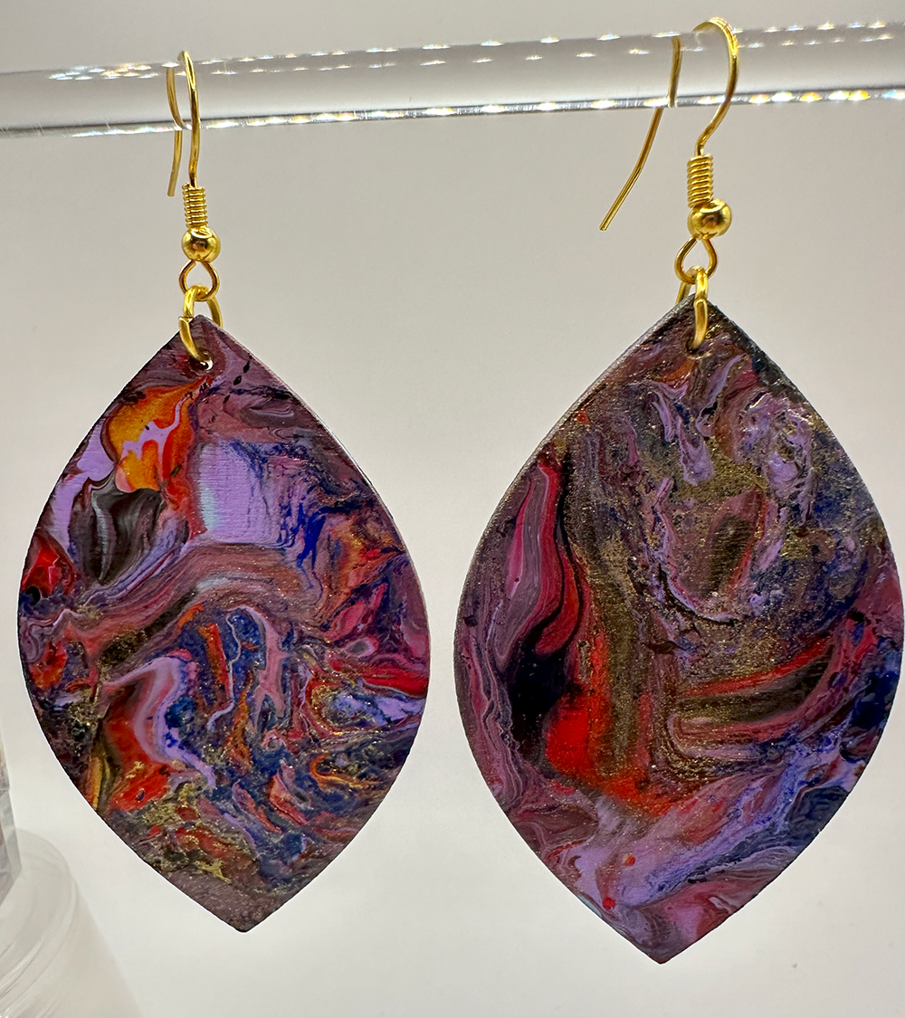 1027 -  Purple Acrylic Pour Painting Dangling Earrings with Red and Gold Highlights